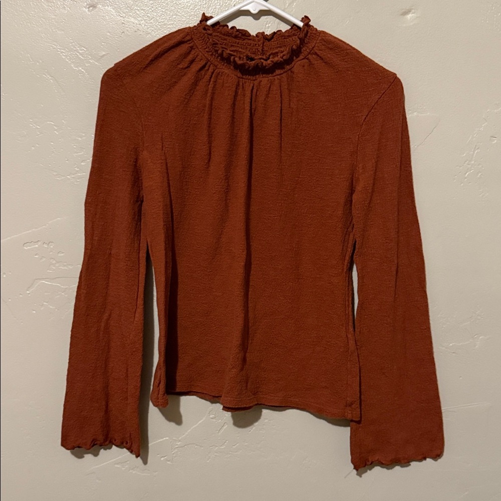 Madewell Cocoa Brown Long Sleeve too with Unique Sleeves and Neckline